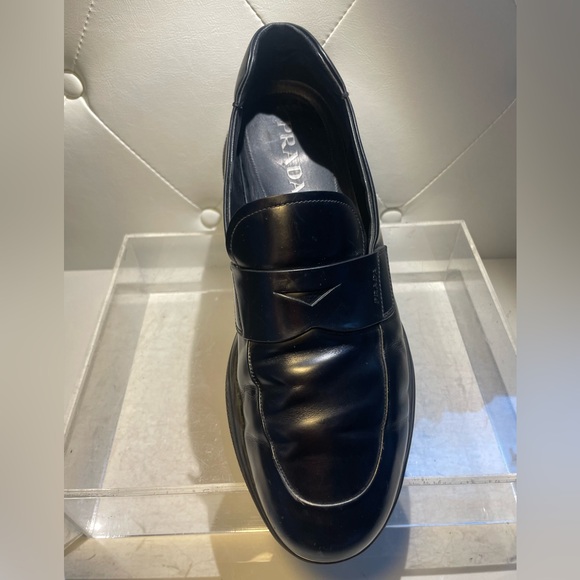 PRADA men’s spazzolato rois leather penny loafers in black sz 10.5 main image 5